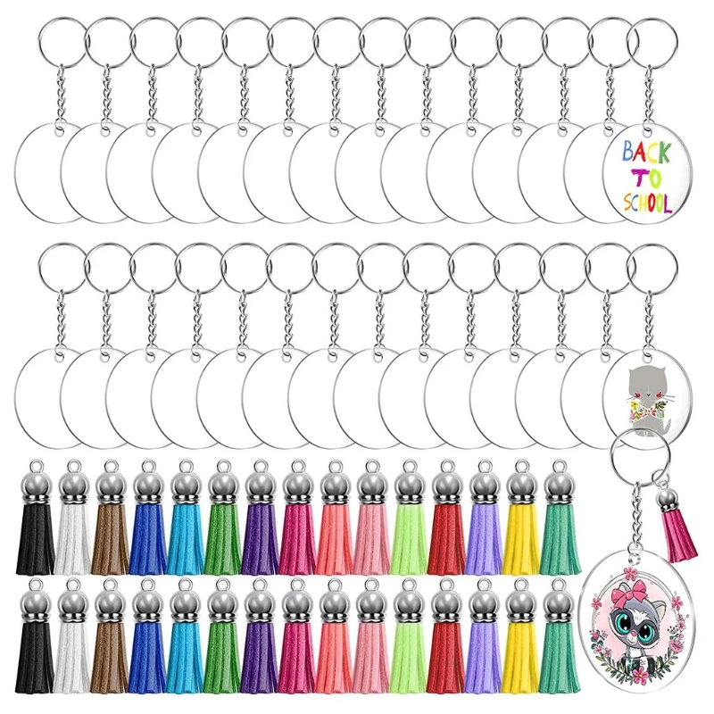 

N58F DIY Pendant Acrylic Key Ring Kits Round Discs Circle Colorful Tassel Clear Decor