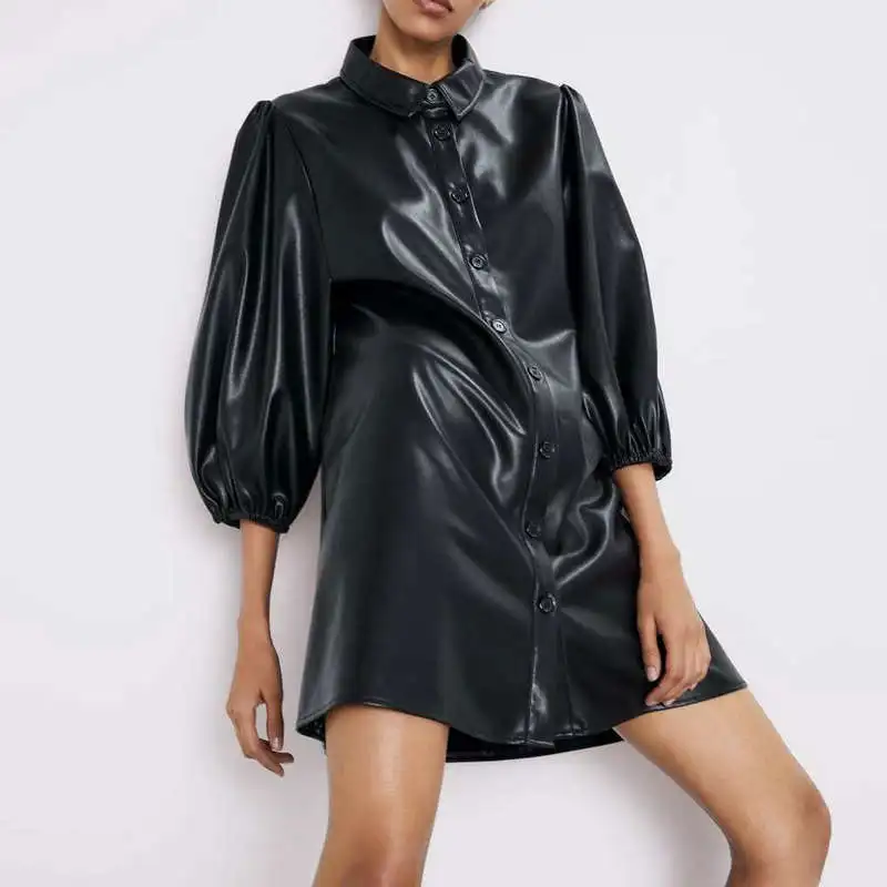Новинка 2021 модное женское осенне зимнее черное платье из искусственной кожи