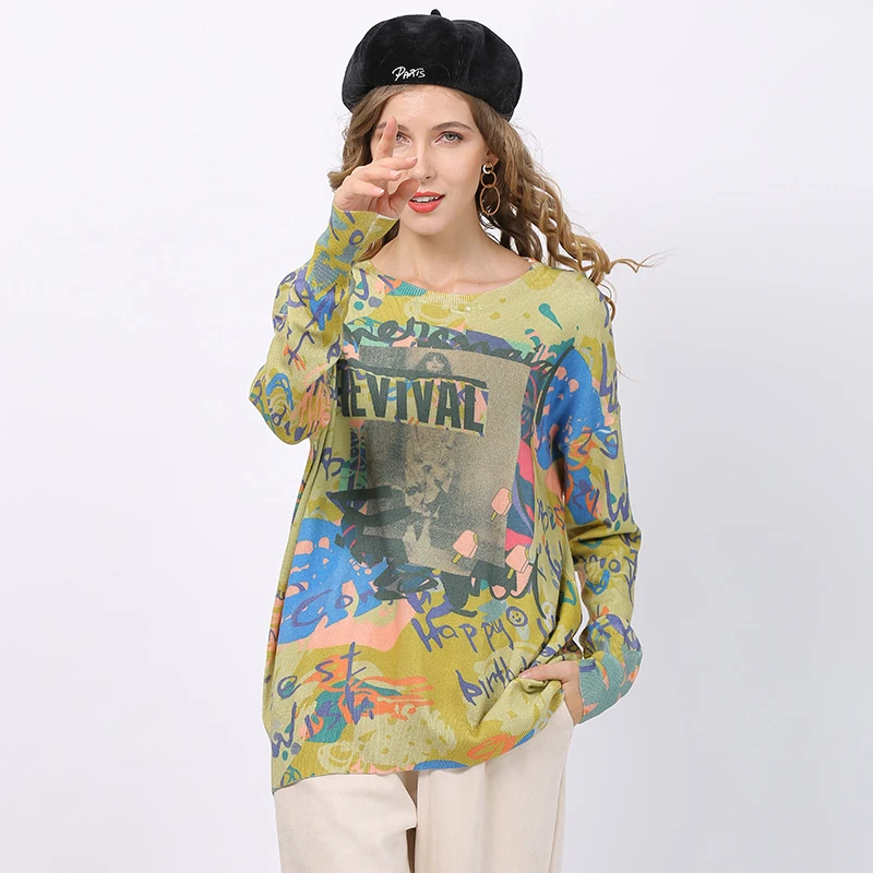 

Женская зимняя одежда, Свитера оверсайз, свободные вязаные пуловеры с принтом, Женские Повседневные свитера, теплый мягкий свитер с круглым вырезом, женская одежда