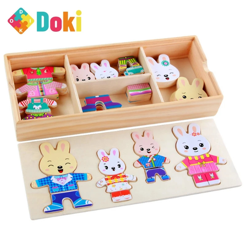 

Doki 72pcs Cartoon Rabbit Bear Dress Changing Jigsaw Puzzle Wooden Toy Montessori Educational Change Clothes Toys For Children