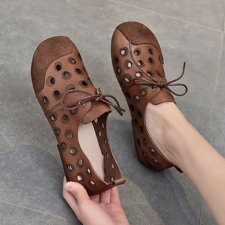 

New Comfortable Leather Handmade Shoes Flat-heeled Soft-soled Shoes Female Wind Tunnel Hollow Sandals Women Casual Flats Shoes