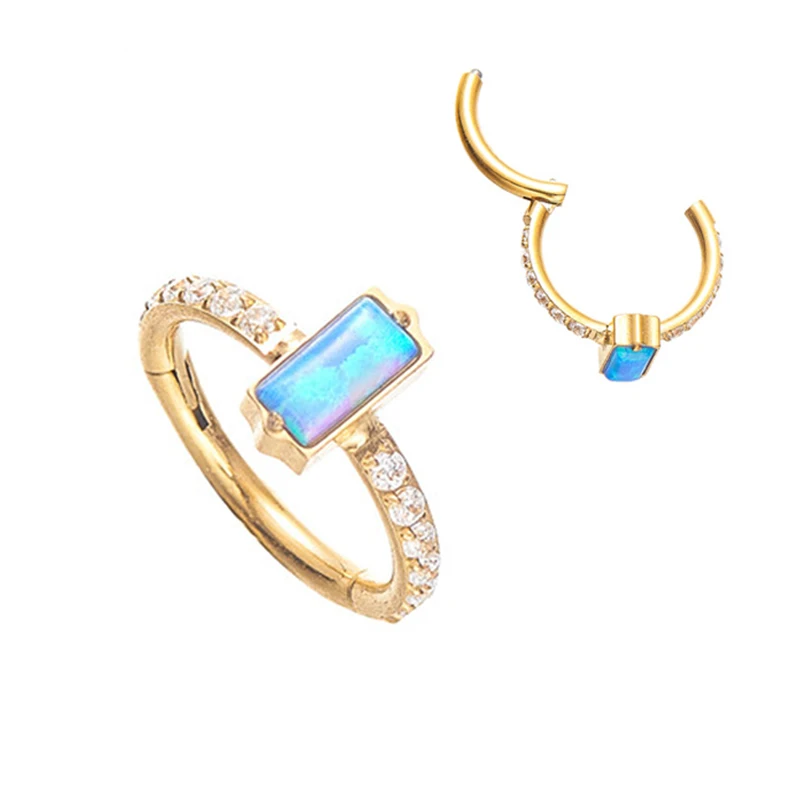 

ASTM F136 Titanium 24K Gold PVD Square Opal Nose Clicker Piercing Hoop Jewelry