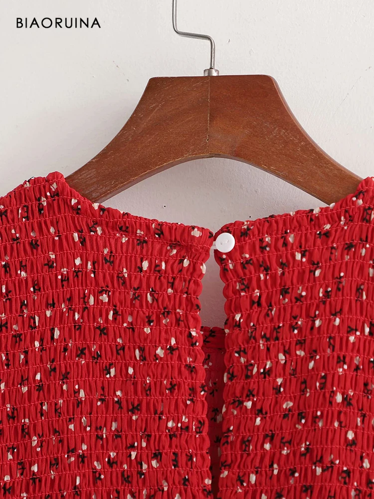 

BIAORUINA Women's Floral Red Cascading A-line Dress Round Neck Long Sleeve Street Style Female Spring Fashion Midi Dresses