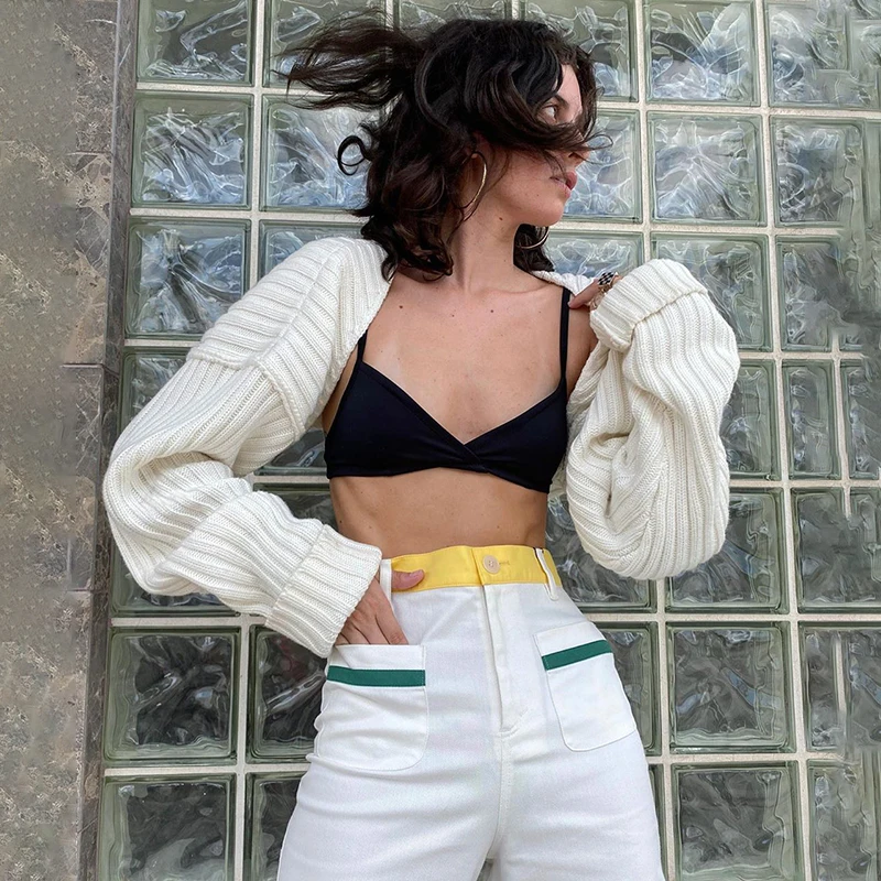 

Women's Ultra Short Knitted Sweater Cardigan Solid Color Long Sleeve Loose Crop Top Casual Knitwear Coat E-Girls Streetwear