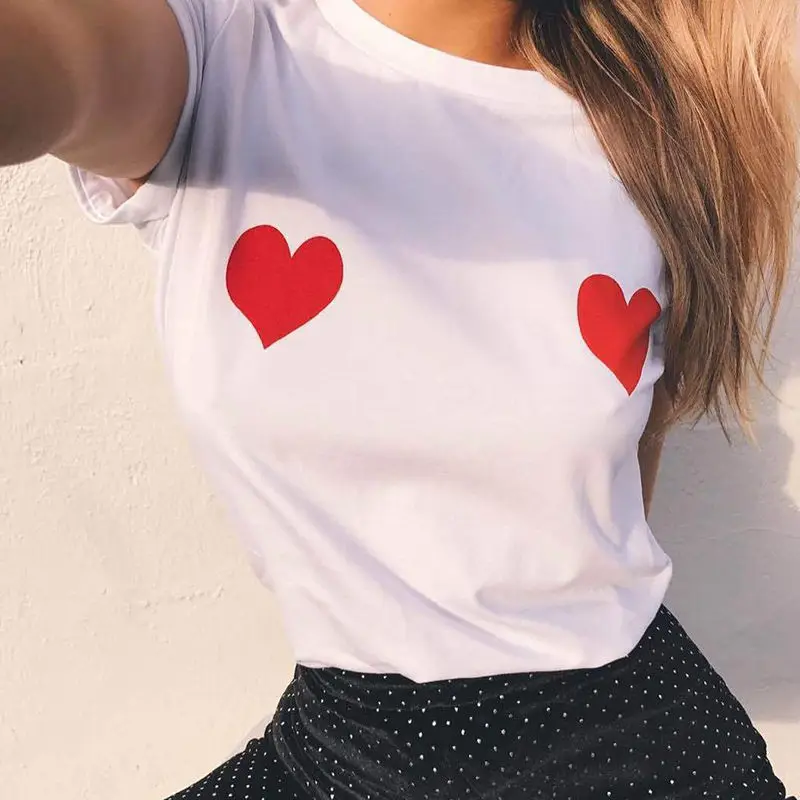 

Summer Heart Print Sexy T-shirt Ladies Short Sleeved O Collar Harajuku Graphic T-Shirt Woman Top Korean Fashion Clothing