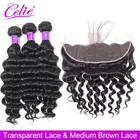 Чели волосы свободные глубокая волна Связки с фронтальной Remy бразильские человеческие волосы плетение пучок с HD прозрачной кружевной фронтальной застежкой