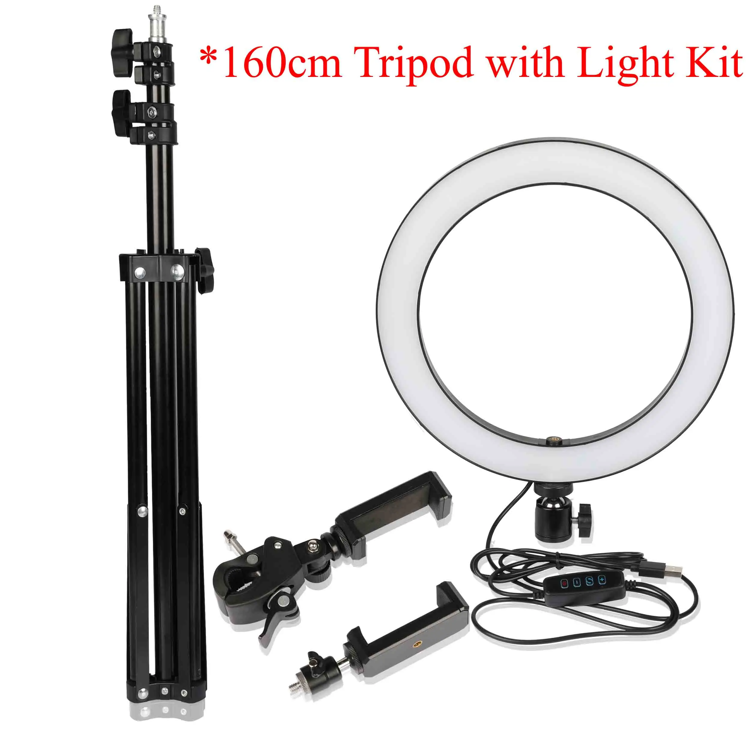 160CM and light Kit Фотосъемка селфи-Палка с кольцевой светильник 55/110/160/190 см штатив светодиодный макияж кольцевая лампа USB plug прямая трансляция Youtube видео кольцевой светильник - Цвет: 160CM and light Kit