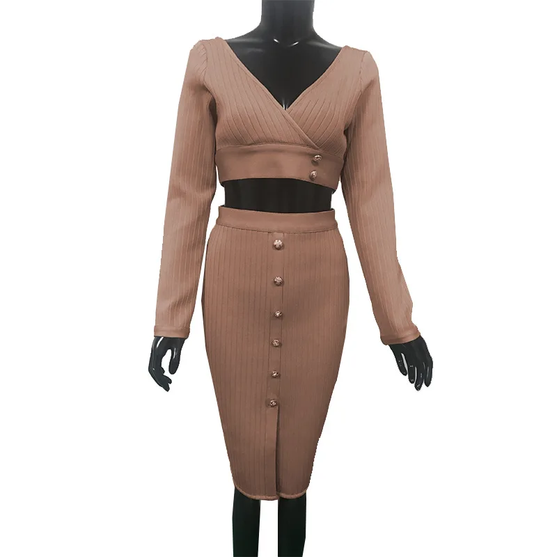 

Dresses for Women Fall/Winter New Sexy V-neck Fake Two-Piece Formal Dress Long Sleeve Narrow Knitted Bandage Dress Women's Dress