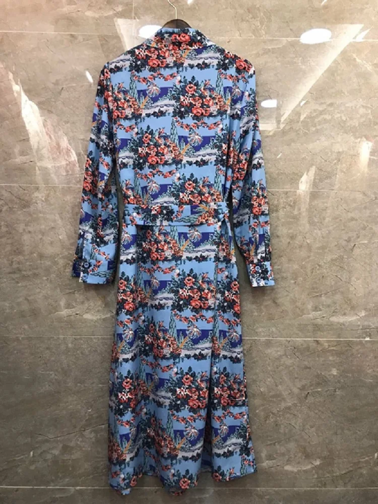 

Newest Fashion Dress 2020 Spring Summer Style Women Turn-down Collar Chic Print Full Sleeve Long Blue Shirt Dress Casual Vestido