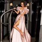 Женское атласное вечернее платье, светло-розовое длинное платье-трапеция с открытыми плечами, разрезом, V-образным вырезом, без рукавов, бальное платье для выпускного вечера