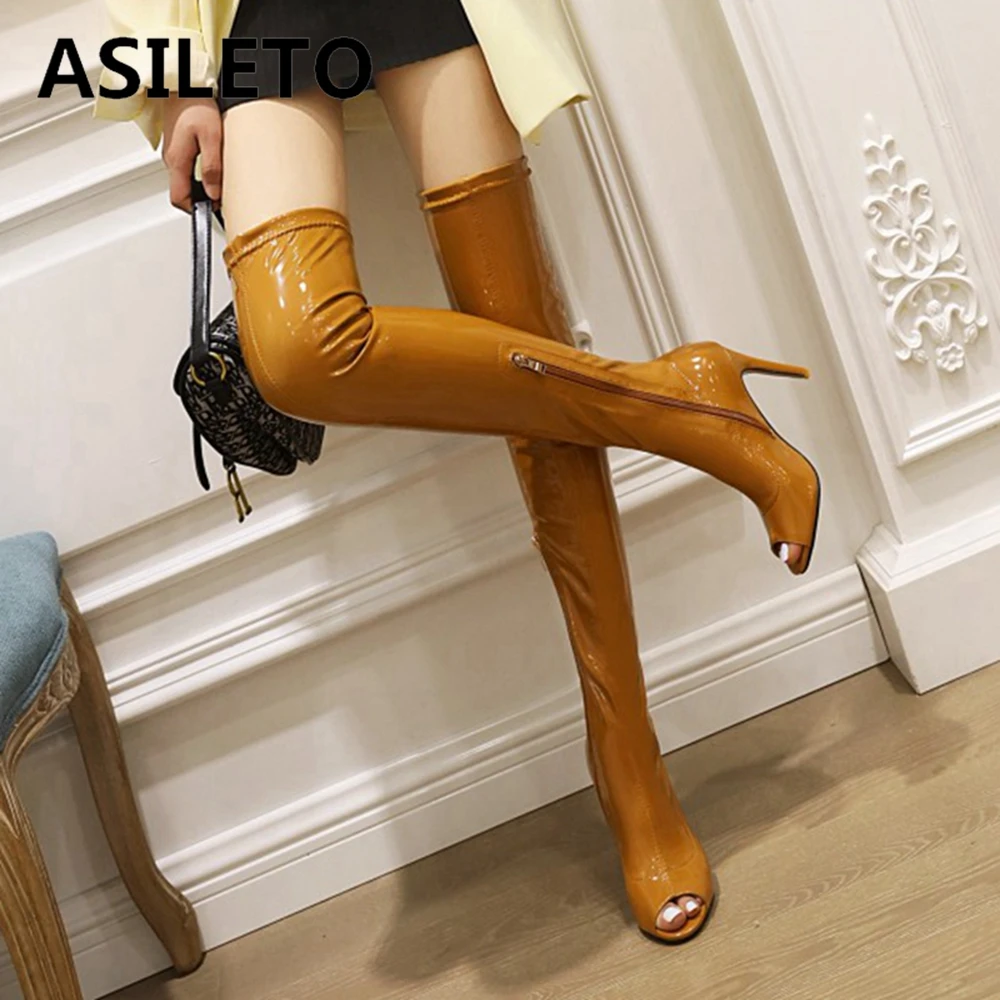 

ASILETO сексуальные женские Роскошные вечерние Сапоги выше колена из лакированной кожи на молнии с открытым носком 12 см Stileeto каблук размера пл...