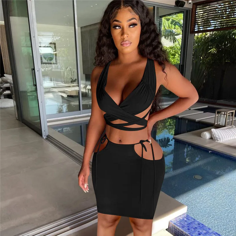 

WUHE Lace Up Bandage Sexy Two Piece Suits Deep V Neck Sleeveless Top and Hollow Out Slim Skirts Nightclub Party Summer Outfits