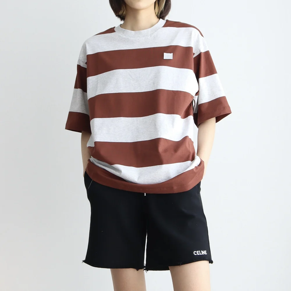 

2021 Spring Summer New Classic Face Design Loose Stripe Color Matching Cotton Round Ne Short Sleeve T-shirt Unisex A3