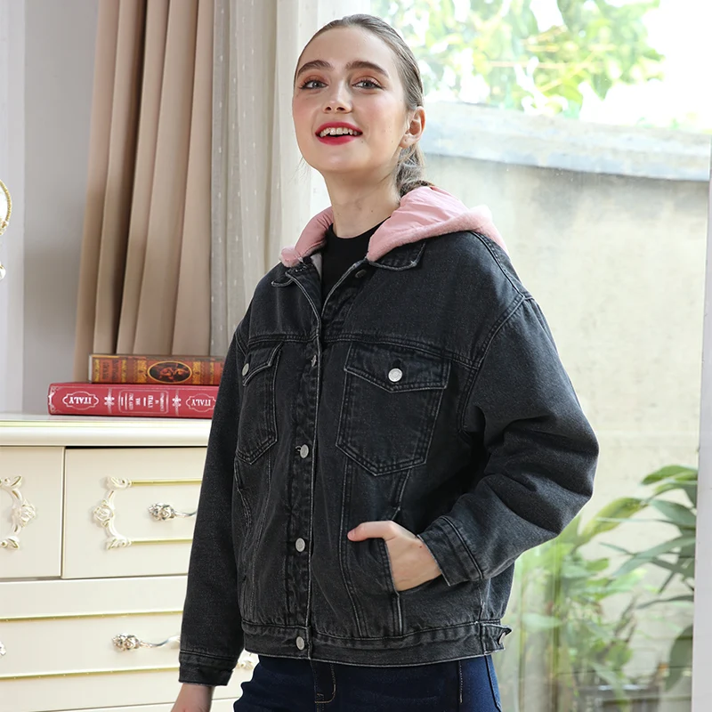 Женская джинсовая куртка с начесом LEIJIJEANS, теплая стильная куртка с розовым капюшоном, новая молодежная модель 9226R большого размера на зиму - Цвет: black 9226R