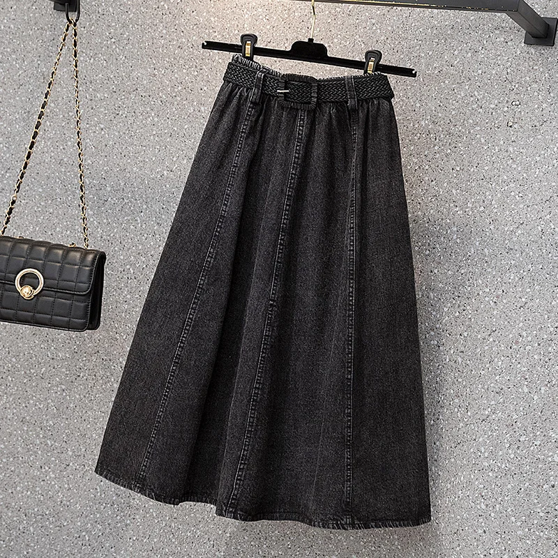 

2022 Plus size women's four seasons denim skirt elastic waist all-match fashion casual A-line black denim skirt with belt female