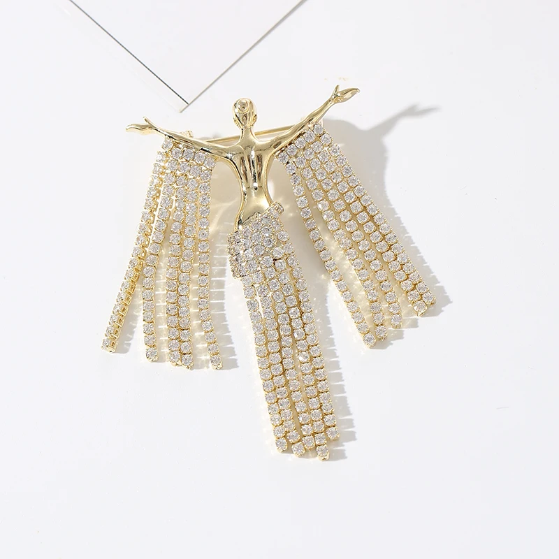 Модная Хрустальная Золотая брошь с кисточкой для женщин стразы на цепочке