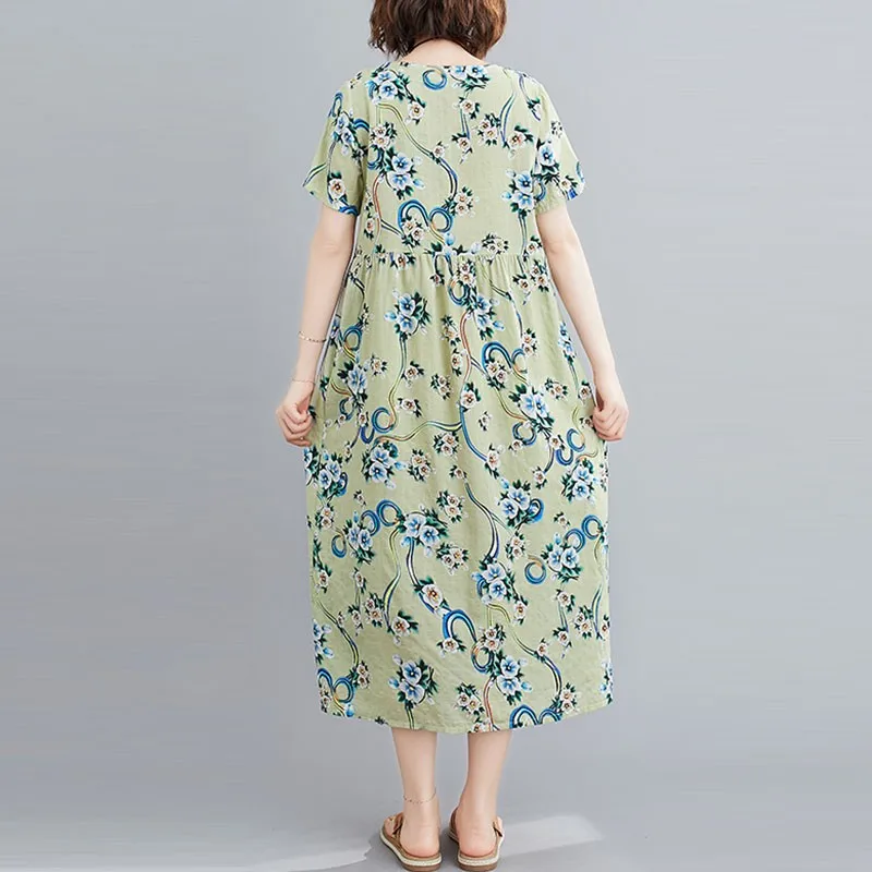 

Women Vintage Print Long Dresses New 2021 Summer Simple Style O-neck Loose Comfortable Female Cotton Linen Casual Dress S3143