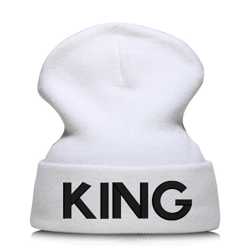 King Letter Beanie Hat Skullie шапка, вязаная шапка-носок зимняя Осенняя вязаная вышивка Кепка в стиле хип-хоп Мужская и женская Подростковая Кепка для уличных танцев черная - Цвет: white black