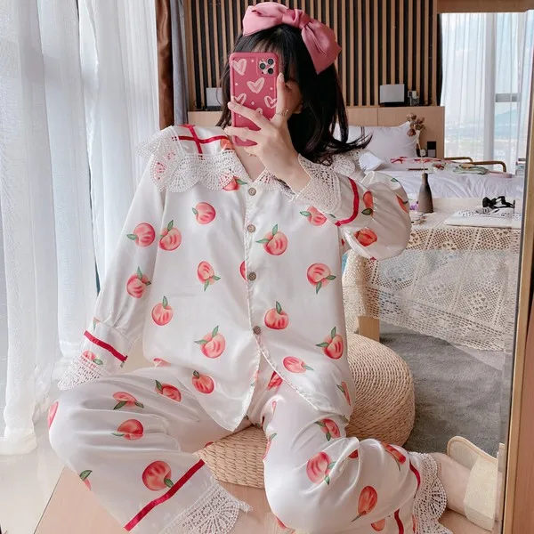 

Women Silk Satin Pajama Casual Turn-down Collar Long Sleeve Sleepwear Cute Printed Summer Pyjama Femme Loose Night Suit Homewear