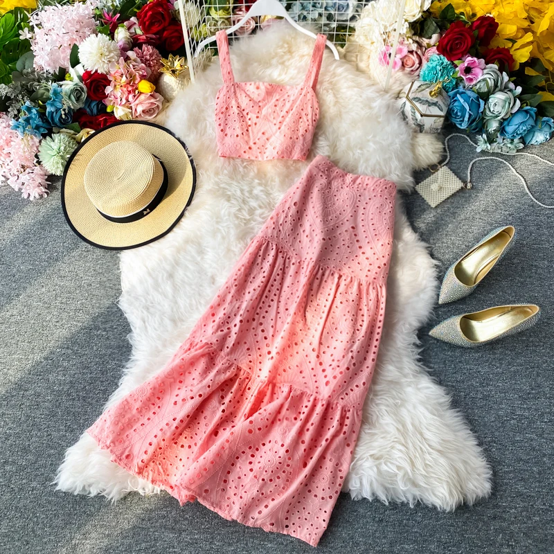 

Sexy Fashion Women 2pcs Sets Spaghetti Strap Vest+High Waist Ruffles Skirts 2021 New Summer Female Suits Outfits