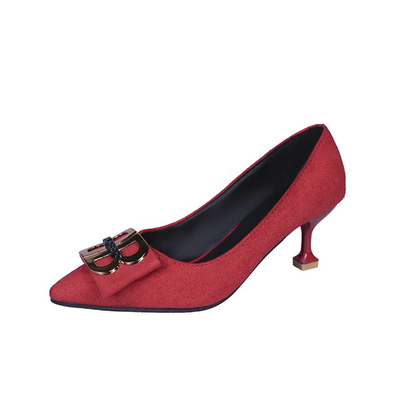 

2020 New Ladies High Heels Lady Red Metal Buckle Stiletto Pumps Woman 4cm Spring And Autumn Wedding Party Shoes