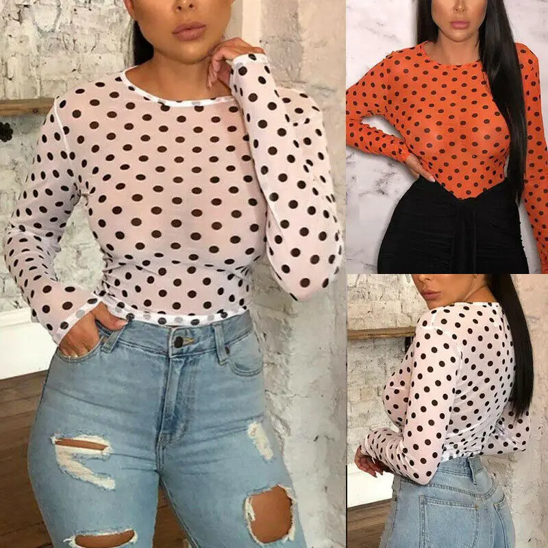 Женская футболка с длинным рукавом в горошек Прозрачная Футболка круглым