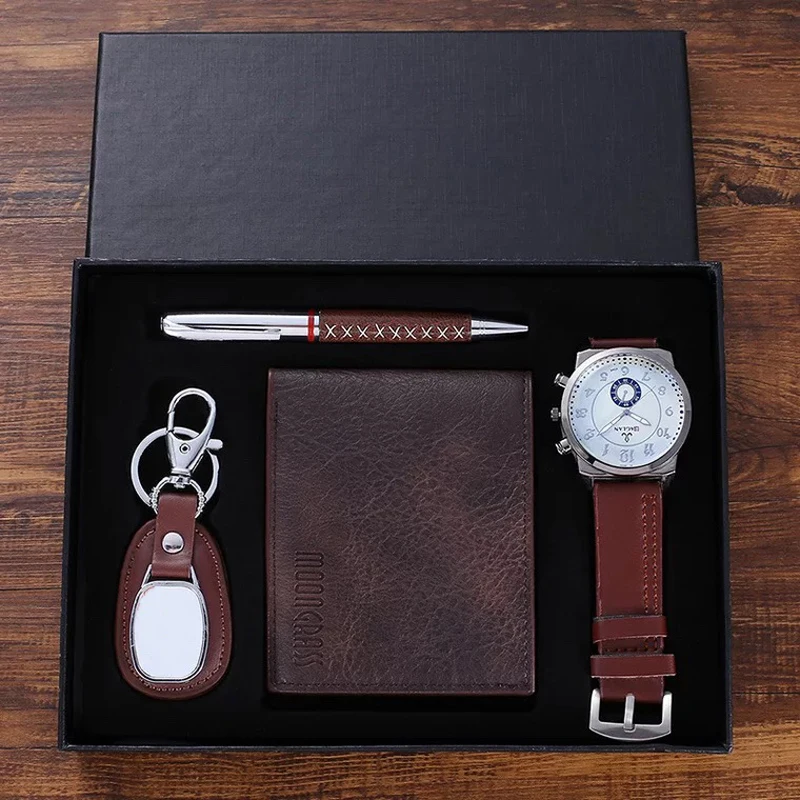 

Men's Watches Gifts Set Fashion Minimalist Quartz Wrist Watch Foldable Wallet Keychain Signing Pen Reloj Hombre Gift Box for Men