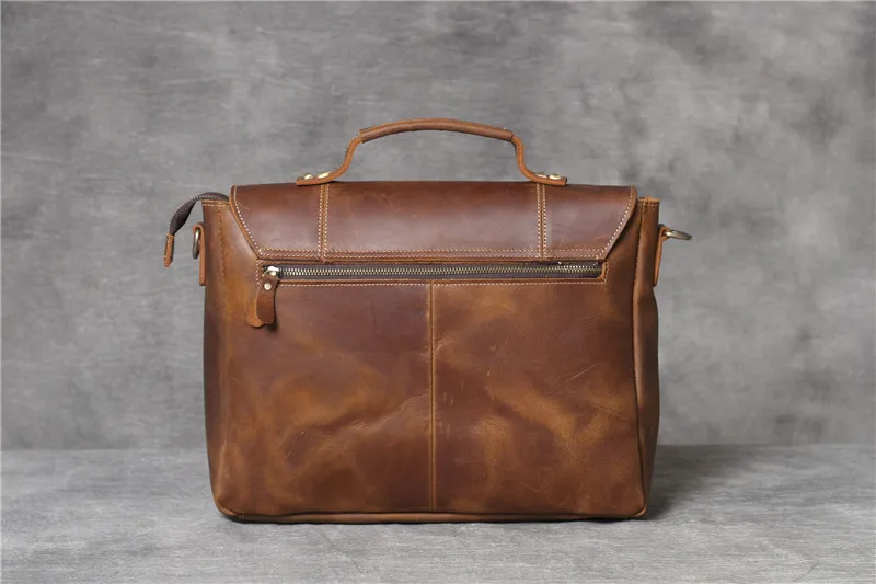 Business vintage crazy horse cowhide men's briefcase genuine leather lawyer brown handbag 13 inch laptop shoulder messenger bags