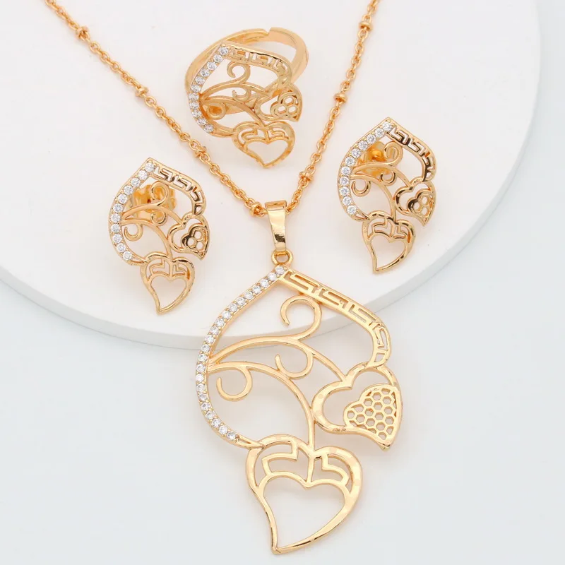 

Heart Shape Micro Pave Zircon Gold Plated Jewelry Sets for Women Gift Open Ring Earrings Necklace Pendant