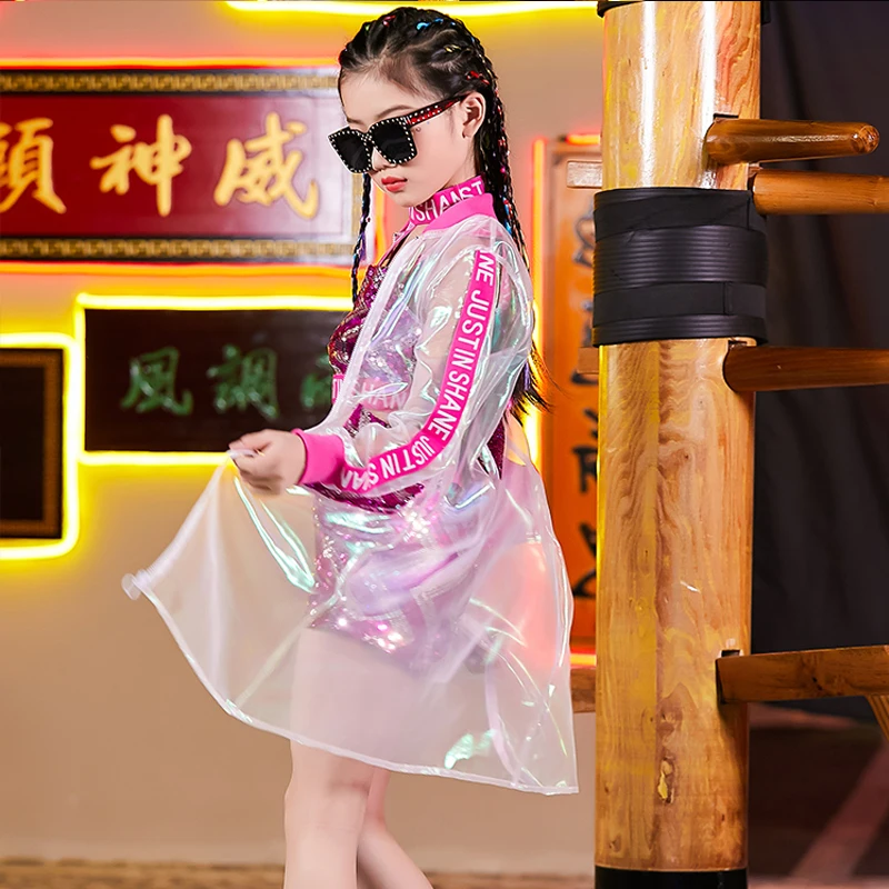 

Hip Hop Kids Clothes Girls Jazz Dance Clothing Pink Sequined SetLong Coat Hiphop Costumes Street Outfit Ballroom Rave Clothes