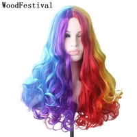 woodfestival synthetic rainbow cosplay wig colored hair wigs for women pink red blue ombre purple brown green blonde long black
