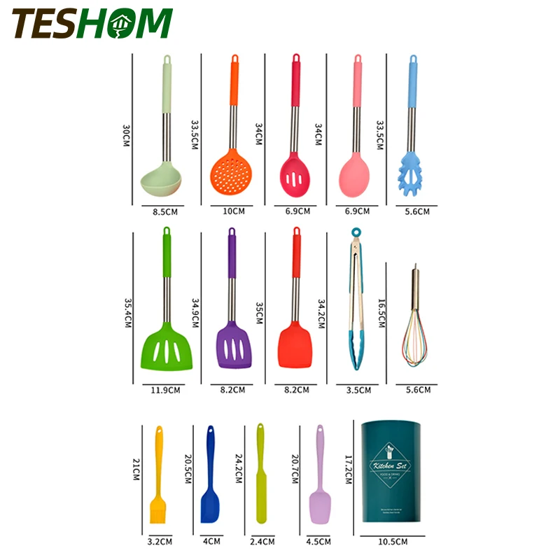 

15PCS/Set Colorful Silicone kitchen utensil Non-stick Cookware Cooking Tool Stainless Steel Heat Resistant Kitchenware