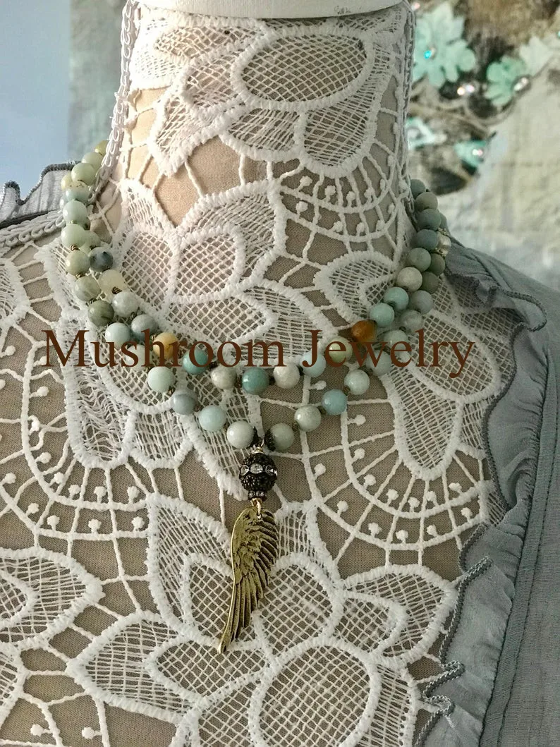 Long Wing Charm For Women Necklace  Natural Amazonite Bead Stone Necklace Wings