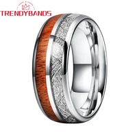 tungsten carbide ring men women wedding band domed with wood and meteorite inlay comfort fit