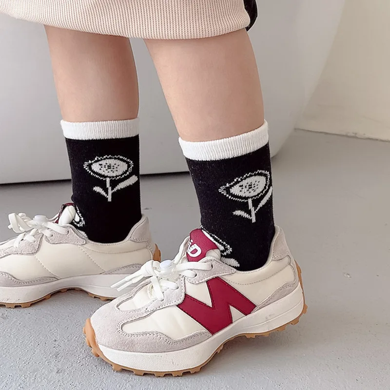 Calcetines con flores coreanas para ni&ntilde;os y ni&ntilde;as, medias de algod&oacute;n para estudiantes, primavera y oto&ntilde;o, 3 pares-4