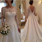 Скромное кружевное свадебное платье А-силуэта с глубоким круглым вырезом и длинными рукавами, длинное атласное свадебное платье с V-образной спиной, индивидуальный пошив, официальное платье