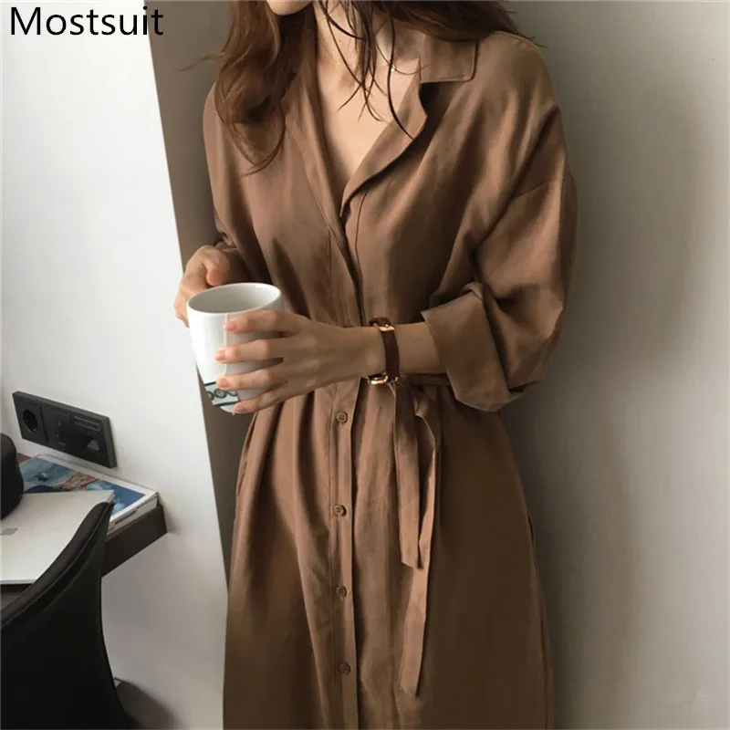 

2020 Korean Casual Long Shirt Dress Women Long Sleeve Notched Collar Belted Loose Solid Fashion Female Dresses Vestidos Mujer
