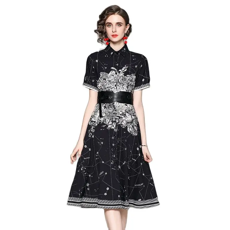 

Fashion All Match High Waist Slim Cardigan Printed Short Sleeved Dress with Belt Commuter Midi Women Clohtes