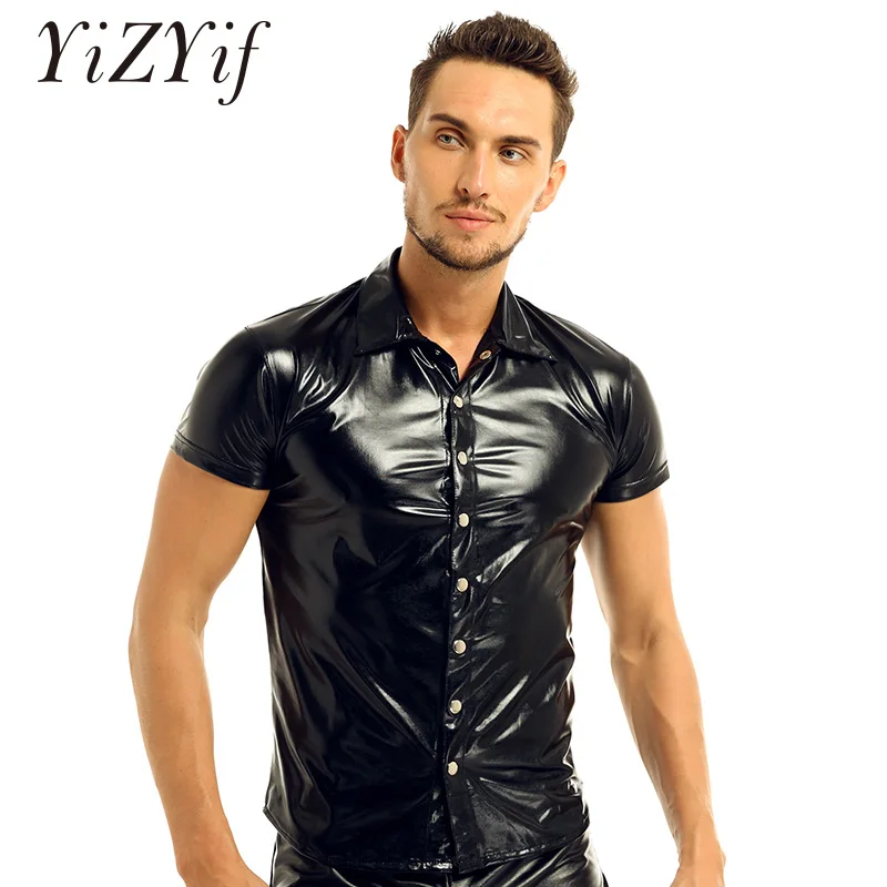 Mens Metallic T shirts Sexy Clubwear Men Patent Leather Short Sleeves Shirt Clubwear Undershirt shiny metallic T-shirt tops Men