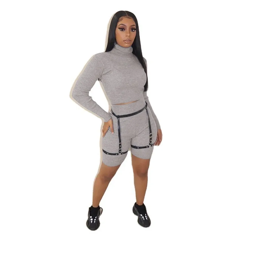 

Two Piece Set Women Fall Fashion Urban Leisure Pure Color All Match High Collar Long Sleeves Shorts Sets Wholesale Dropshipping