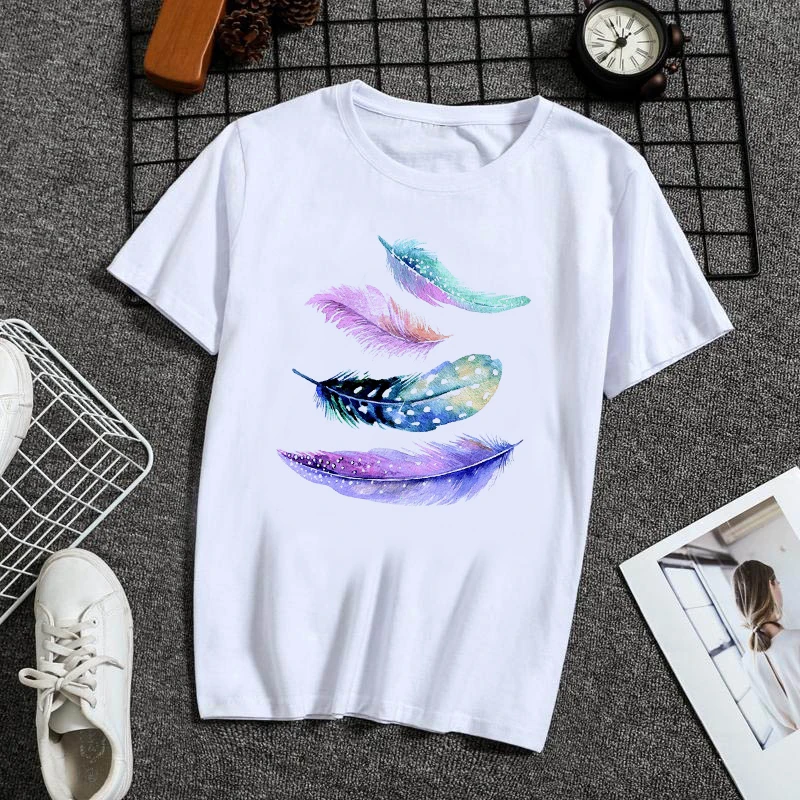 

Women's T-shirt 90s Ulzzang Harajuku Graphic Funny Landing feather Print T-shirt O Neck Casual Women's Top T-shirt