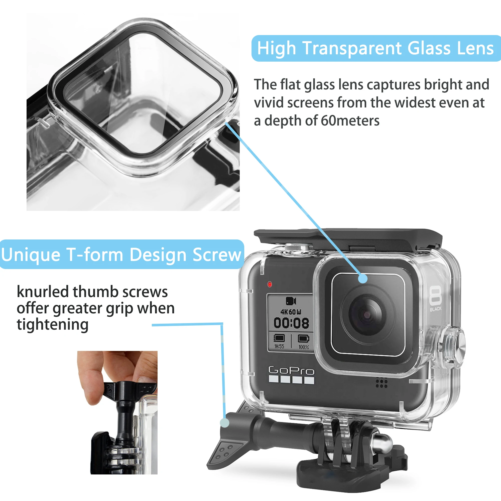 Водонепроницаемый чехол Hopcorner GoPro Hero 8 с сенсорным экраном защитный 60 м для