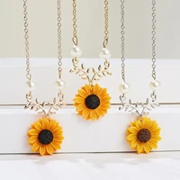 fashion sunflower pendant necklace for women cute flower double pearl pendant necklace charm women cocktail jewelry accessories