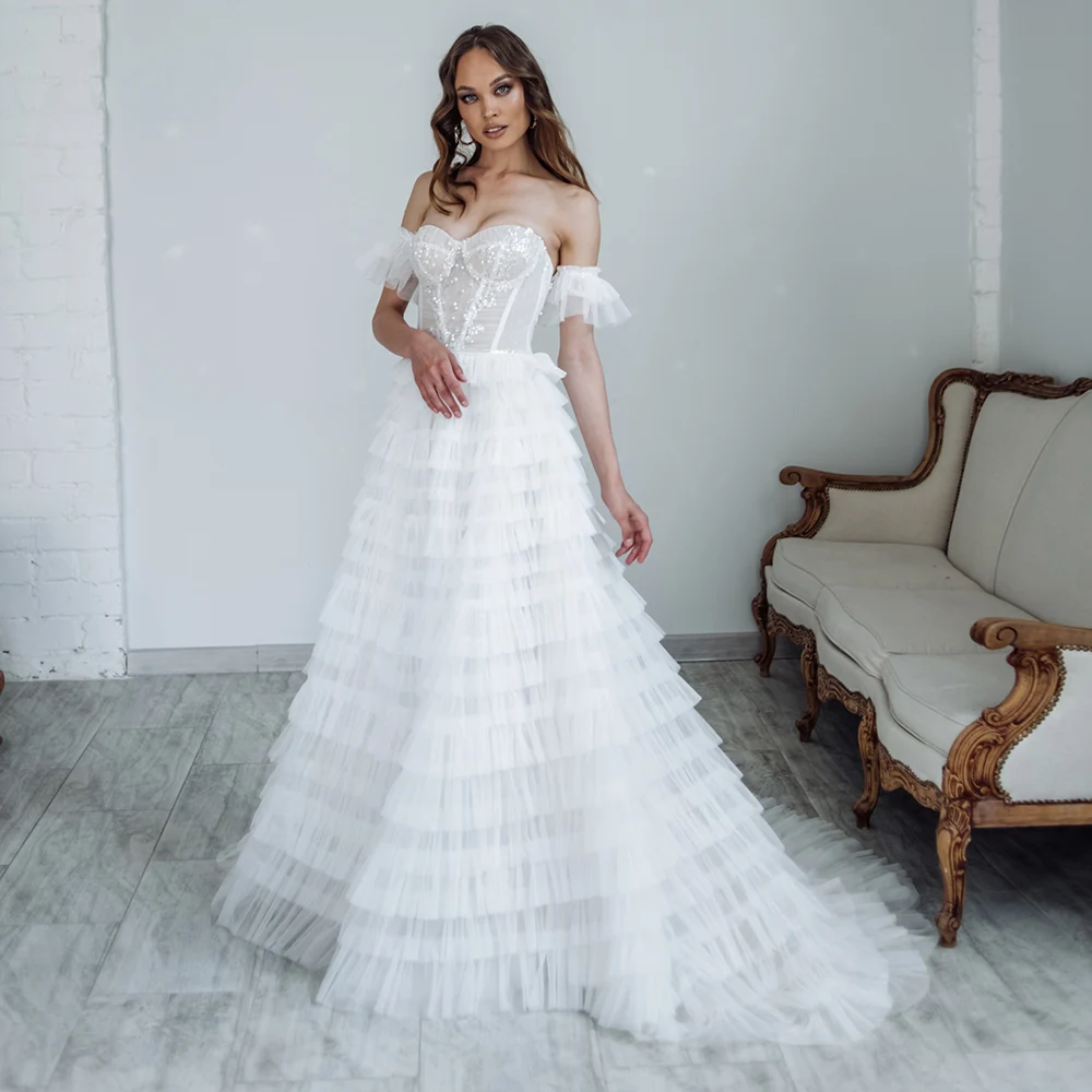 

Elegant Tiered Ruffles Tulle Bride Dresses For Woman Simple Off Shoulder Wedding Gown Formal Bridal Sleeveless A Line Vestidos