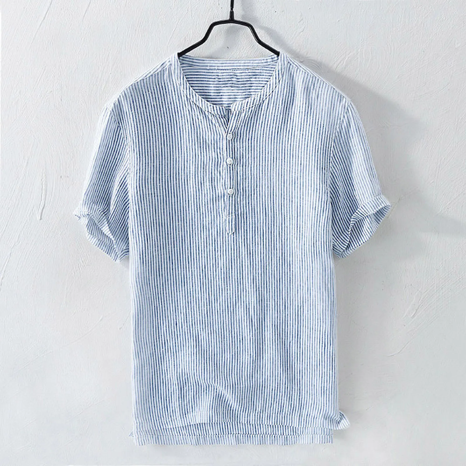 

Summer Men's Cool Thin Breathable Stripe Button Cotton Shirt Short Sleeve Casual Home Wear Male Fashion Blouse