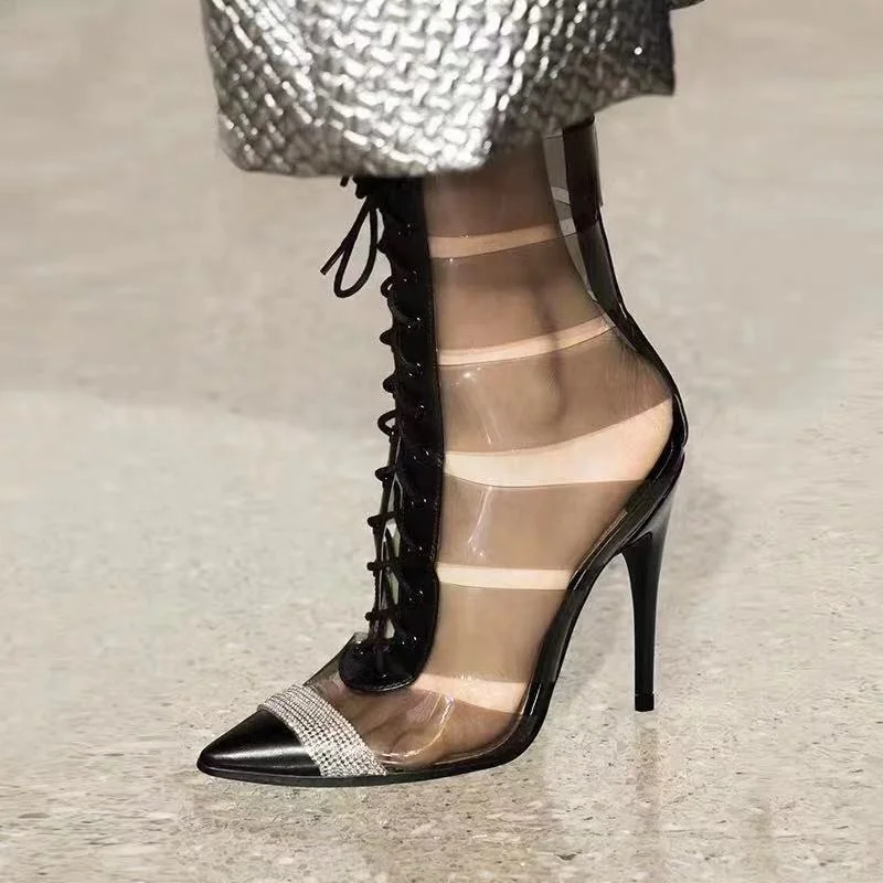 

2019 new fashion net red glass glue hollow water drill pointed thin heel cool boots high heel women's Boots