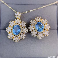 fine jewelry 925 pure silver inset with natural gem womens luxury elegant flower blue topaz pendant ring set support detection