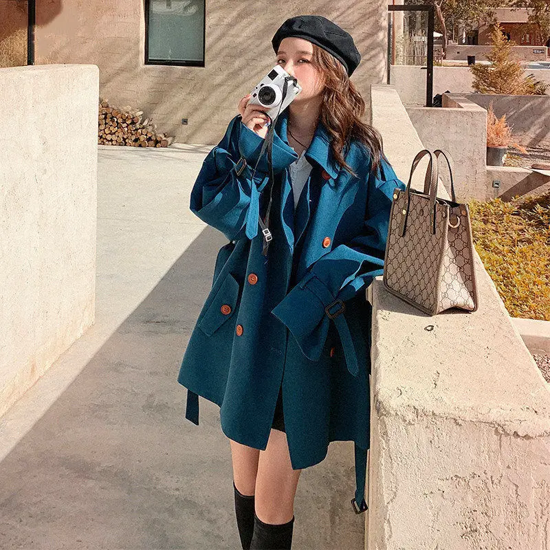 

FTLZZ New Spring Autumn Women Fashion Long Sleeve Double Breasted Trench Female High Street Solid Lady Coat Jacket with Belt