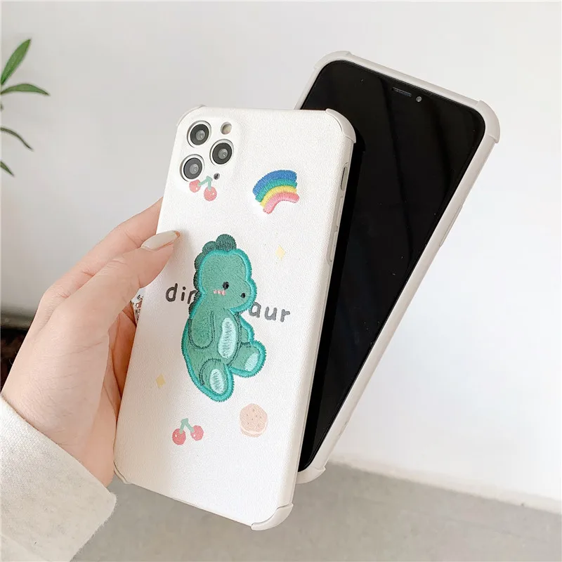 

3D Embroidery Cute Cartoon Dinosaur Phone Case For iPhone 12 11 Pro Max XR XS X 7 8 Plus SE 2020 PU Leather Soft Silicone Cover