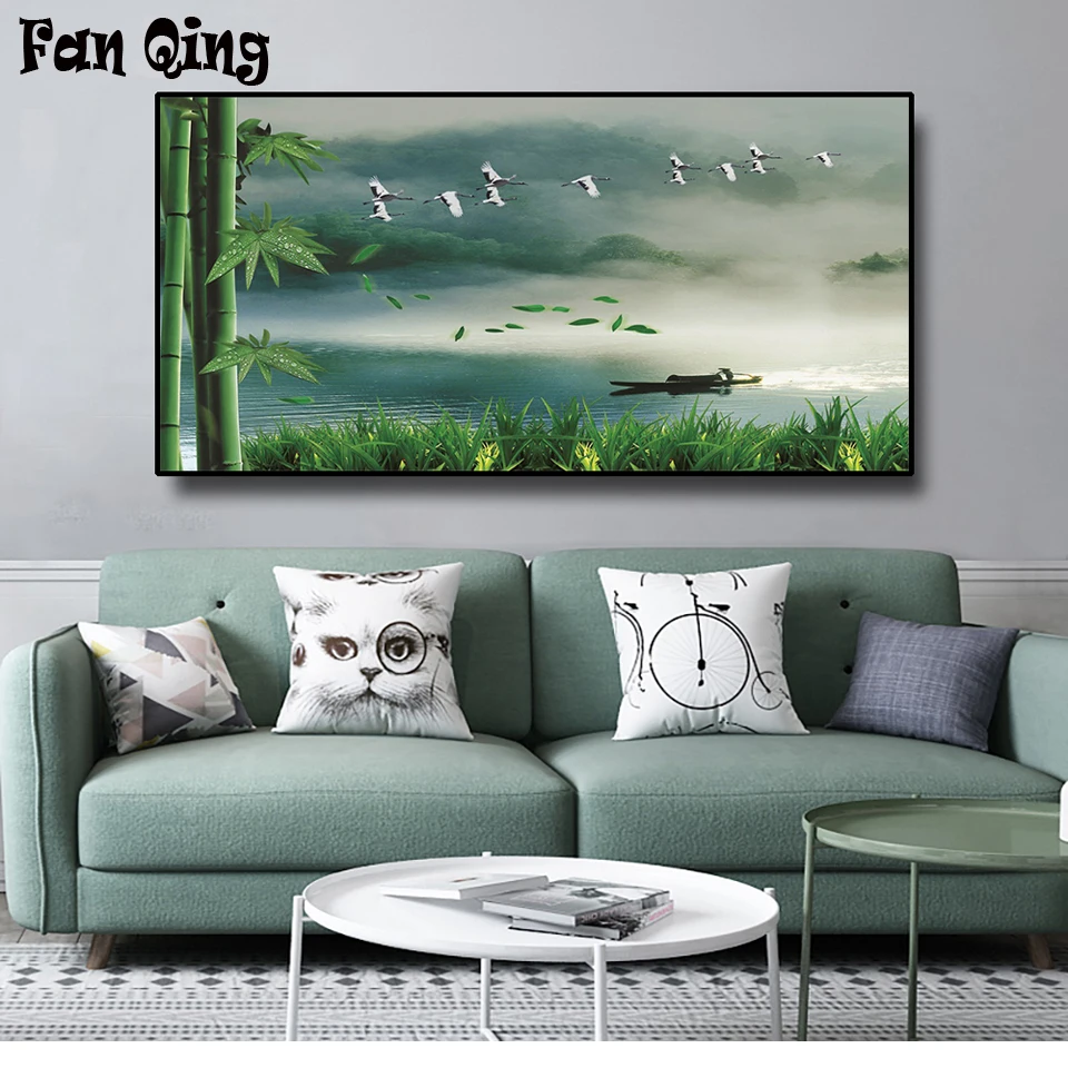 5D DIY Diamond Painting Lake swan canoe and bamboo Diamond Mosaic Cross stitch Square/round diamond Home Decor Picture